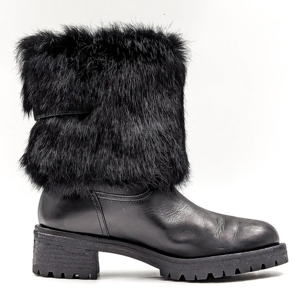 Tory Burch Women Joni Fur Cuff Buckle Logo Black Leather Mid Calf Boots size 7 - Picture 9 of 12